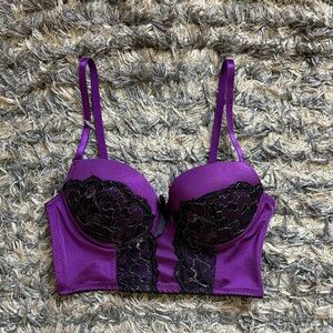 Black Fuchsia Longline Bustier Bra with Black Lace Overlay in Satin Purple 34B